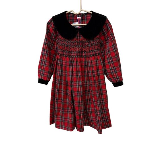 CC Bates Girls Red Plaid Smocked Dress With Black Velvet Collar size small - Picture 1 of 9